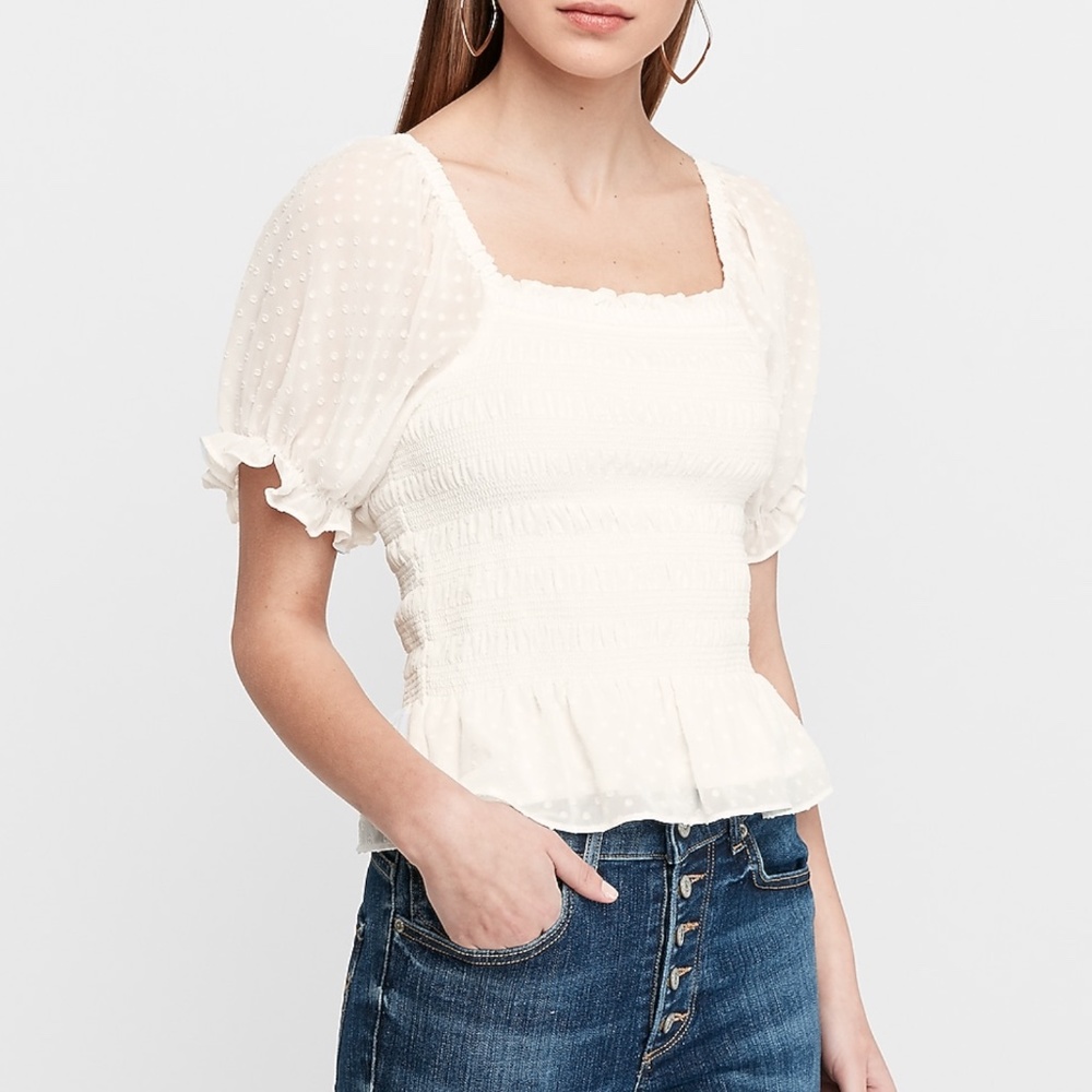 Express Square Neck Puff Sleeve White Top XL